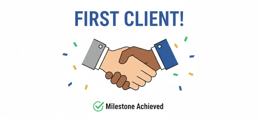 a graphic symbolizing a handshake and a first client milestone